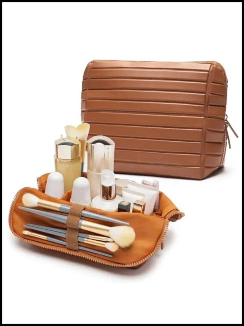 PU Leather Fold-Down Travel Makeup Bag with Adjustable Dividers